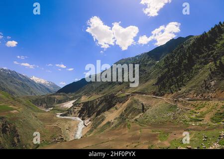 Beautiful View to the Pakistani Highland Gorge with the Mountain River in Gilgit Baltistan Stock Photo