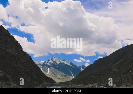 Beautiful View to the Pakistani Highland Gorge with the Mountain River in Gilgit Baltistan Stock Photo