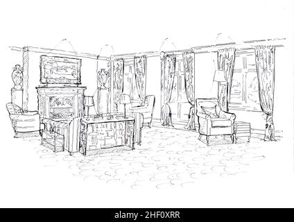 Black and white sketch for a lounge furnished in a traditional style. Stock Photo