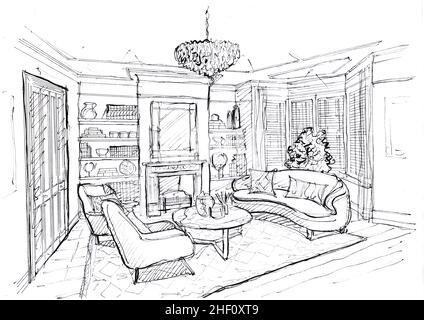 Black and white sketch for a lounge furnished in a modern style. Stock Photo