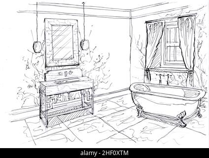 Black and white sketch for bathroom furnished in a traditional style. Stock Photo