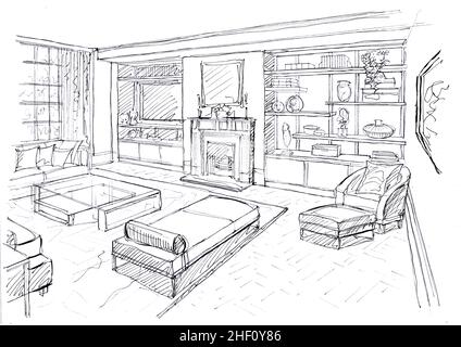 Black and white sketch for a lounge furnished in a modern style. Stock Photo