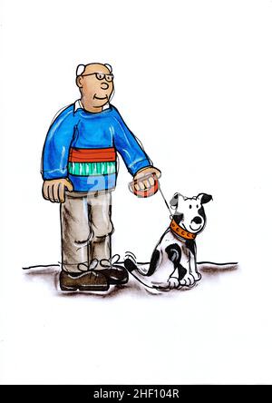 Cartoon of an elderly man standing with his dog on a lead on a white background. Stock Photo