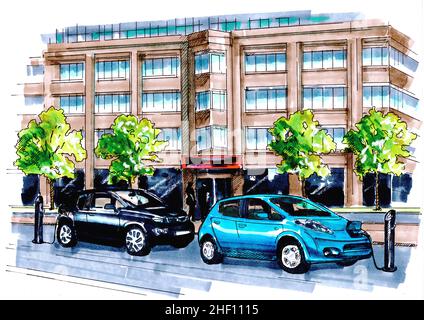 Electric cars being re-charged at points outside an office building. Stock Photo