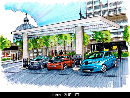 Sketch for electric cars being re-charged at a hub in the city. Stock Photo
