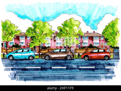 Sketch for electric cars being charged in a residential area. Stock Photo