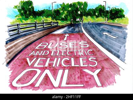 Sketch for designated electric vehicles lane on road. Stock Photo