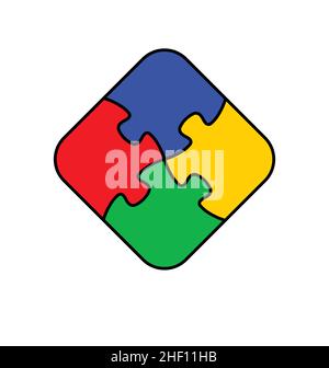 4 simple symmetrical colored coloured puzzle pieces connected together line drawing linework logo blue green yellow red vector isolated on white backg Stock Vector