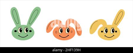 Set of 3 cute easter bunnies smiling for kids party. Happy rabbit head isolated for poster or invitation. Long ears up Stock Vector