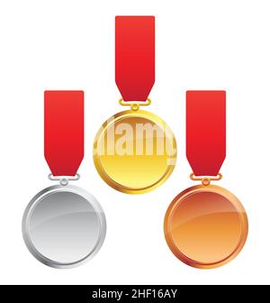 classic olympic sports medals gold silver and bronze with red ribbons vector set of 3 isolated on white background Stock Vector