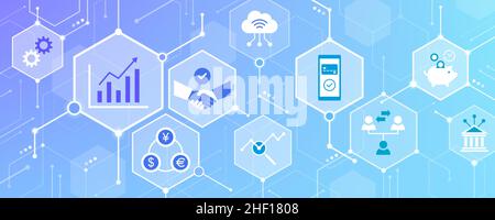 Finance and technology icons connecting together: digital transformation and innovation Stock Vector
