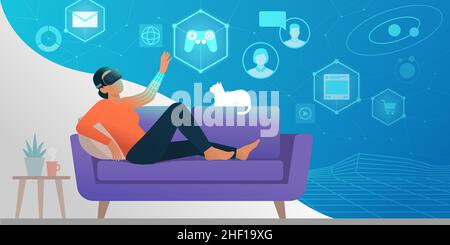 Woman lying on a couch at home and interacting with virtual reality using a VR headset Stock Vector