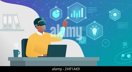 Businessman sitting at office desk and working, he is interacting with interfaces in virtual reality and checking financial charts Stock Vector