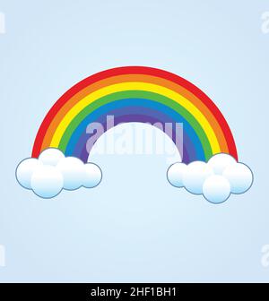 simple classic rainbow coming out of clouds kids arc spectrum vector isolated on pale blue background Stock Vector