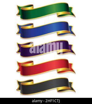 set of wide ribbons banner flowing scroll elements with gold trim purple green black blue red burgundy dark vector isolated on white background Stock Vector