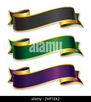 set of colored wide ribbons banner flowing scroll elements with gold trim purple green black vector isolated on white background Stock Vector