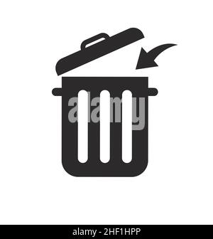 simple rubbish bin trash can garbage with open lid and arrow icon silhouette vector isolated on white background Stock Vector