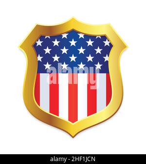 classic shield shape with gold edge with USA united states of america flag vertical vector isolated on white background Stock Vector
