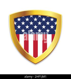 classic shield shape with gold edge with USA united states of america flag vertical vector isolated on white background Stock Vector