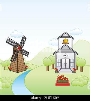 Simple cartoon town elements scene with church hall windmill river hills trees and flowers vector background Stock Vector