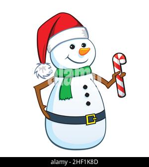 happy Christmas cartoon snowman with santa hat holding candy cane vector isolated on white background Stock Vector