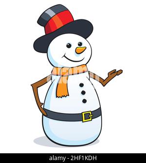 happy fun cartoon snowman with hat scarf belt and carrot nose vector isolated on white background Stock Vector
