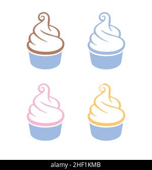 simple fun cartoon soft serve ice cream white vanilla caramel strawberry chocolate in cup icon emblem logo silhouette outline set isolated on white ba Stock Vector