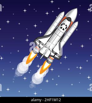 cartoon stylized space ship shuttle flying across on dark blue starry background vector Stock Vector