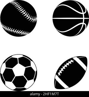 various cartoon stylized american sports balls baseball basketball soccer football gridiron silhouette vector icon set isolated on white background Stock Vector
