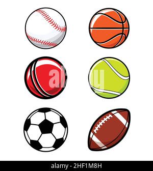 various cartoon stylized american sports balls baseball basketball soccer football gridiron cricket tennis vector isolated on white background Stock Vector
