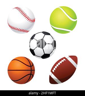 various cartoon stylized american sports balls baseball basketball soccer football gridiron tennis set vector isolated on white background Stock Vector