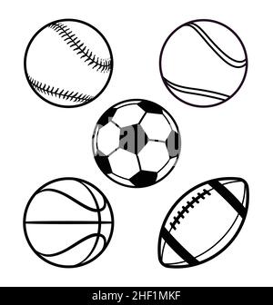 various cartoon stylized american sports balls set baseball basketball soccer football gridiron tennis outline black and white vector isolated on whit Stock Vector