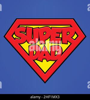 super dad superhero emblem red and yellow shield vector isolated on blue background Stock Vector