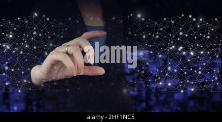 Business network communication and innovation technology concept. Mockup hand with digital hologram datd wave sign on city dark blurred background. Bi Stock Photo