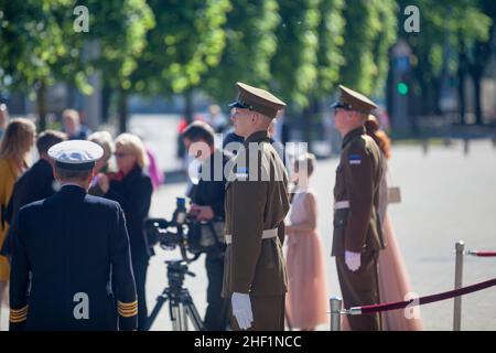 Tallinn, Estonia - June 15 2019: Soldiers at the entrance of the Estonia Theatre for an official visit of the Estonian President and the Danish Queen Stock Photo