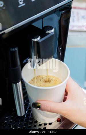 A machine for making strong coffee at home. Delicious coffee. Stock Photo