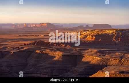 Monument Valley at sunrise, seen from Muley Point in the Glen Canyon National Recreation Area. Stock Photo