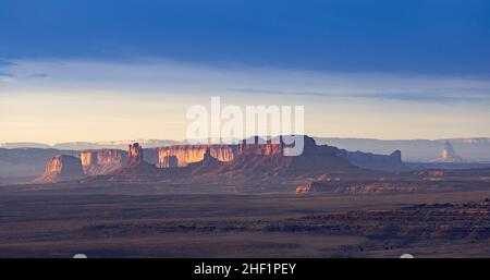 Monument Valley at sunrise, seen from Muley Point in the Glen Canyon National Recreation Area. Stock Photo