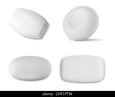 Soap bar vector mockup. Antibacterial soap solid bar isolated illustration. Toilet detergent, hygiene cosmetics design. Circle and ellipse shape soap, Stock Vector