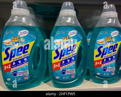 Rheinbach, Germany  10 March 2021,  Several plastic bottles of "Spee" detergent on the shelf of a German supermarket Stock Photo