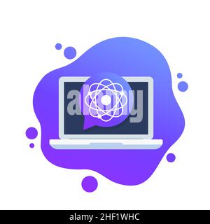 atom, nuclear research icon with a laptop Stock Vector