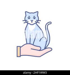 Taking care of pets - modern colored line design style icon on white background. Neat detailed image of grey cat sitting on the palm. Animal shelter, Stock Vector