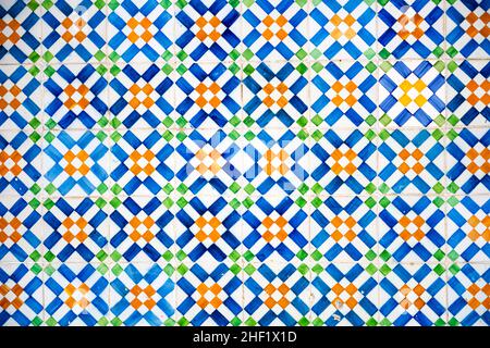 Azulejo is a form of Portuguese and Spanish painted tin-glazed ceramic tilework. Found on the interior and exterior of churches, palaces, houses, scho Stock Photo