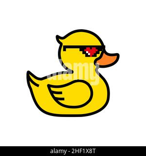 Rubber yellow duck in pixel sunglasses with heart Stock Vector