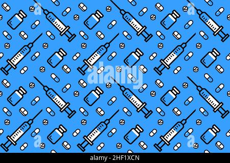 Syringe and vial, pills and vitamins pattern Stock Vector