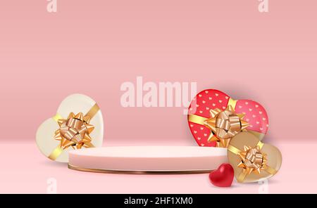 Rose gold pedestal over pink pastel natural background with red Heart. Trendy empty podium display for cosmetic product presentation, fashion magazine Stock Vector