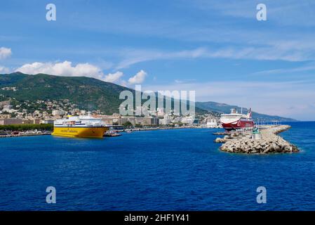 Bastia, Corsica, 20.07.2020. Panoramic view of ferry boats in harbor of Bastia. Corsica. Stock Photo