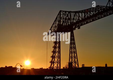 Stunning, naturally lit, colour image of the winter sunset over the Transporter Bridge, Middlesbrough, Teesside, UK Stock Photo