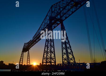 Middlesbrough, UK. 13th January 2022. Stunning, naturally lit, colour image of the winter sunset over the Transporter Bridge, Middlesbrough, Teesside, UK Credit: James Hind/Alamy Live News Stock Photo