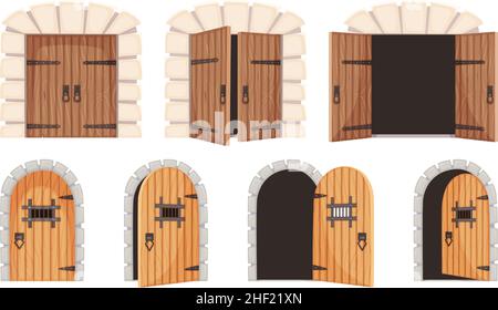 Opened and closed medieval doors, old castle gate, dungeon door. Cartoon wooden prison doorway, ancient city entrance gates vector set. Stone arch for historic palace or kingdom entry Stock Vector